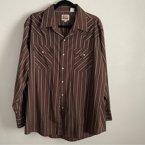 Ely Cattleman men’s vintage pearl snap shirt brown with white stripes size XL - Picture 1 of 8